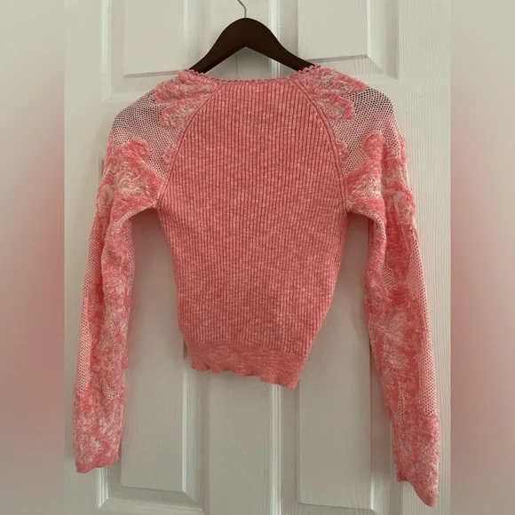 Anthropologie XS pink faux-wrap sweater with mesh embroidered sleeves - Picture 6 of 11